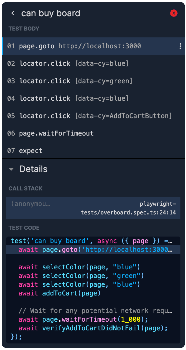 Playwright timeline with test code